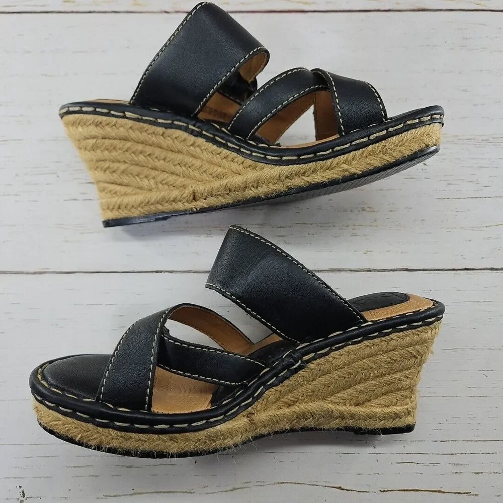 Born Boc Wedge‎ Sandals Womens 7 Black Leather Comfort Espadrille Strappy Shoe
